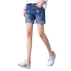 High-quality Jeans Shorts Exquisite Embroidery High Waist Shorts, E